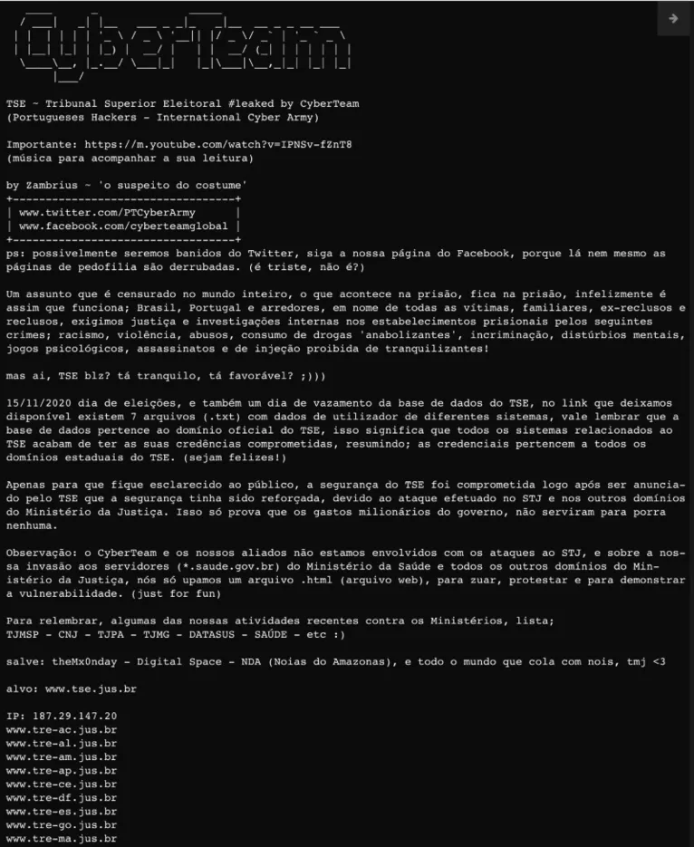 TSE é alvo de ataque hacker na tarde deste domingo (15)