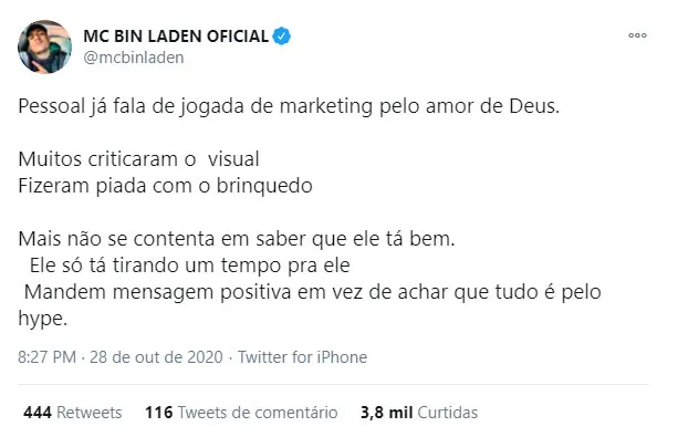 MC Bin Laden prestou solidariedade ao colega nas redes sociais.
