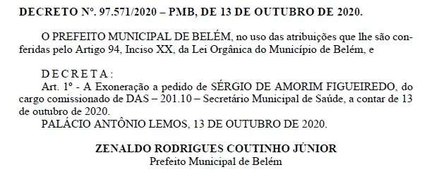 Exoneração publicada no Diário Oficial desta terça-feira (13)