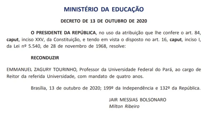 Professor Emmanuel Tourinho é confirmado como reitor da UFPA