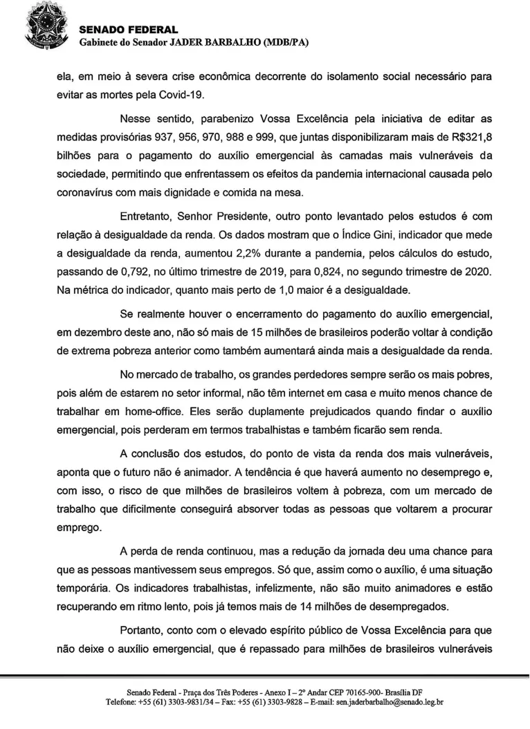 Jader Barbalho pede prorrogação do auxílio emergêncial