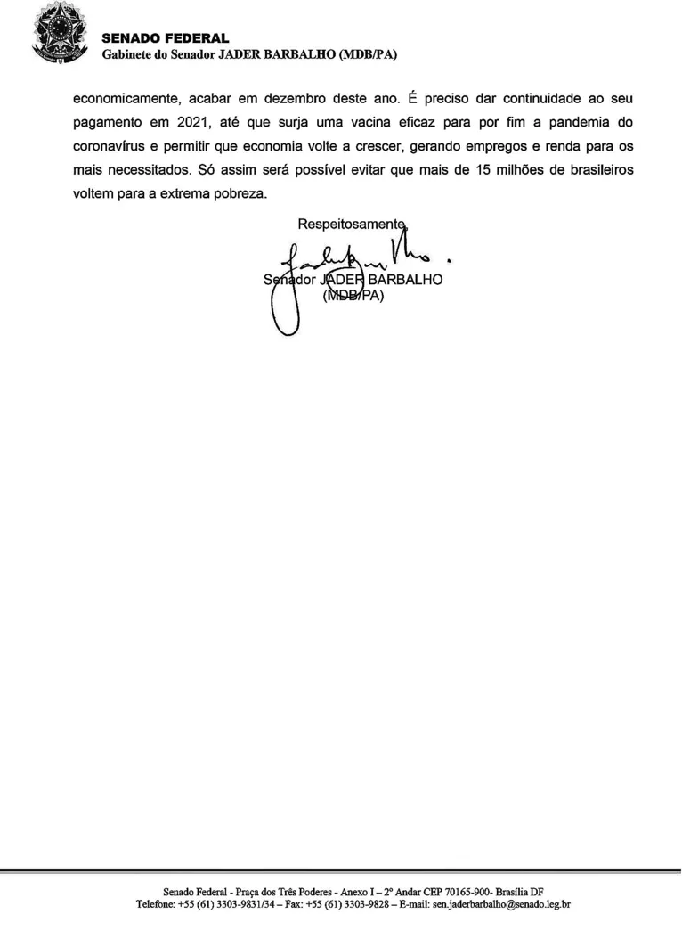 Jader Barbalho pede prorrogação do auxílio emergêncial