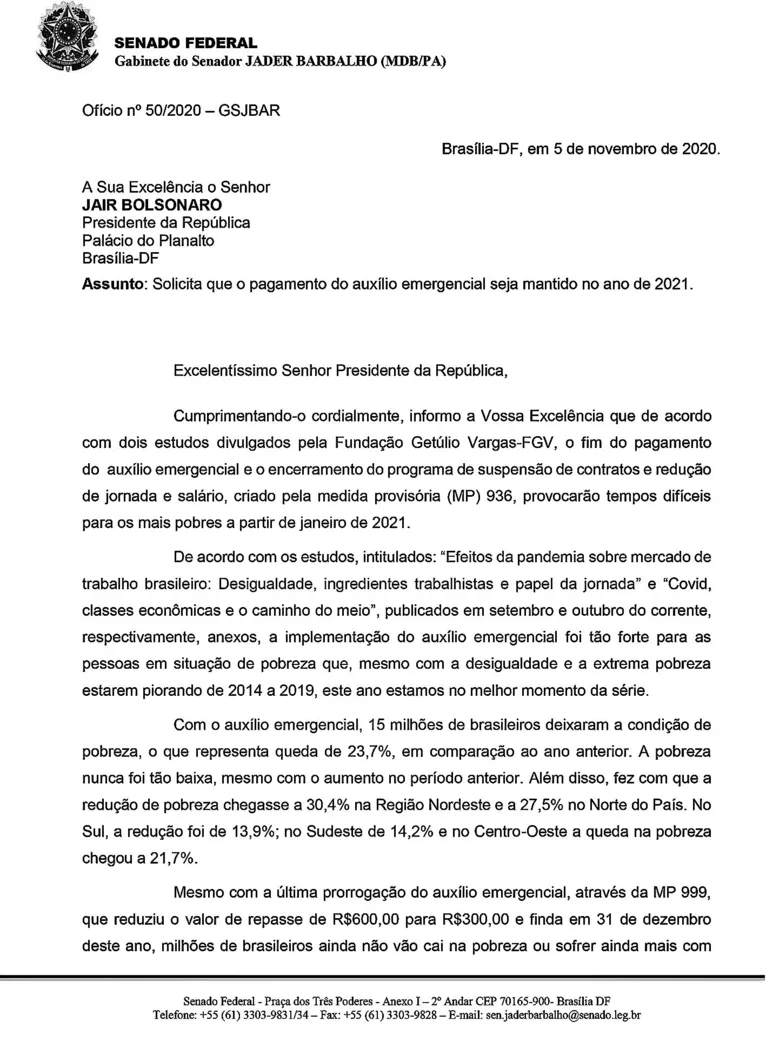 Jader Barbalho pede prorrogação do auxílio emergêncial