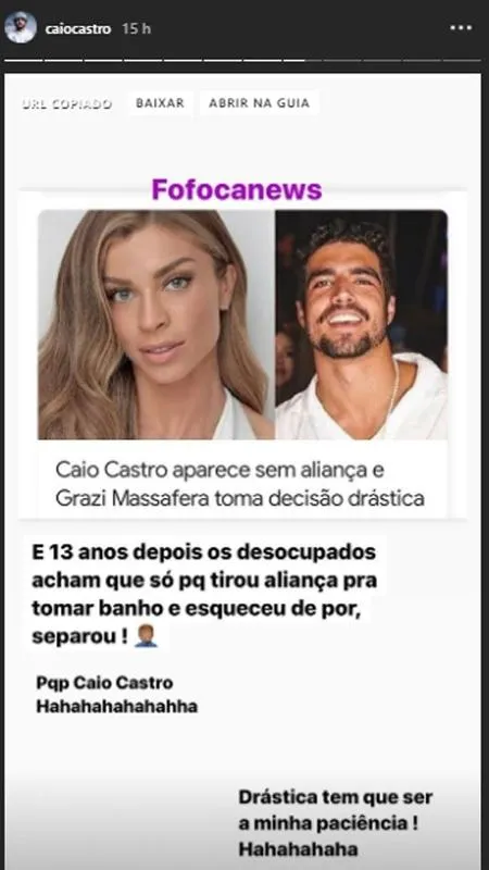 Caio Castro surge sem aliança e fala sobre término com Grazi 