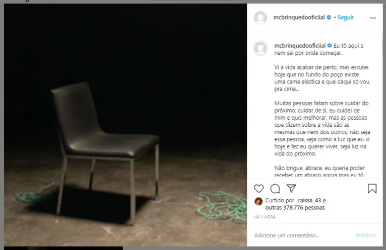 Única publicação em seu perfil no Instagram traz um longo e preocupante desabafo.