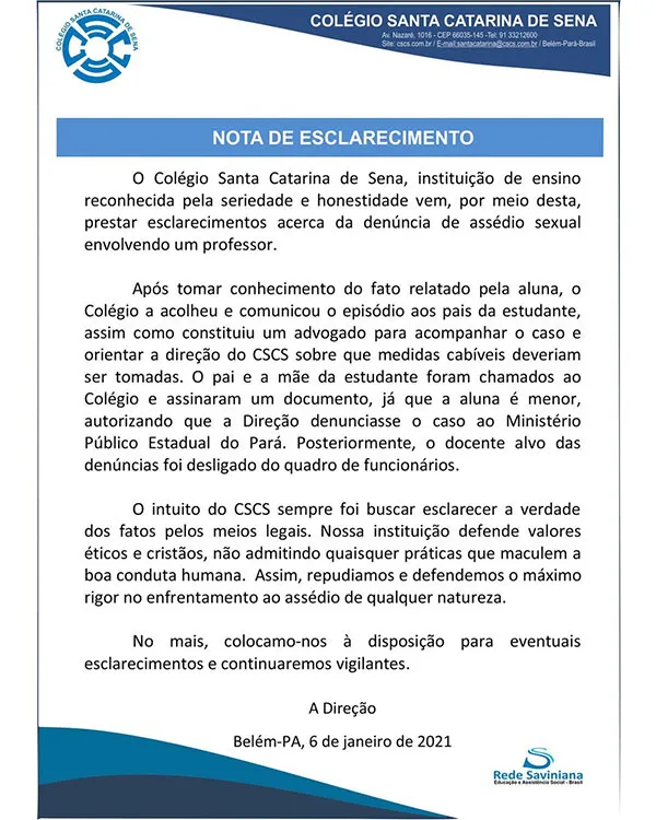 Comunicado divulgado pelo colégio.