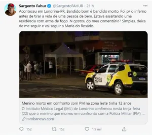Sargento comemora morte de assaltante de 12 anos e gera revolta. "Ele é só uma criança"
