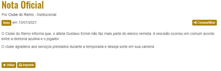 Contrato de Gustavo Ermel é reincidido pelo Remo