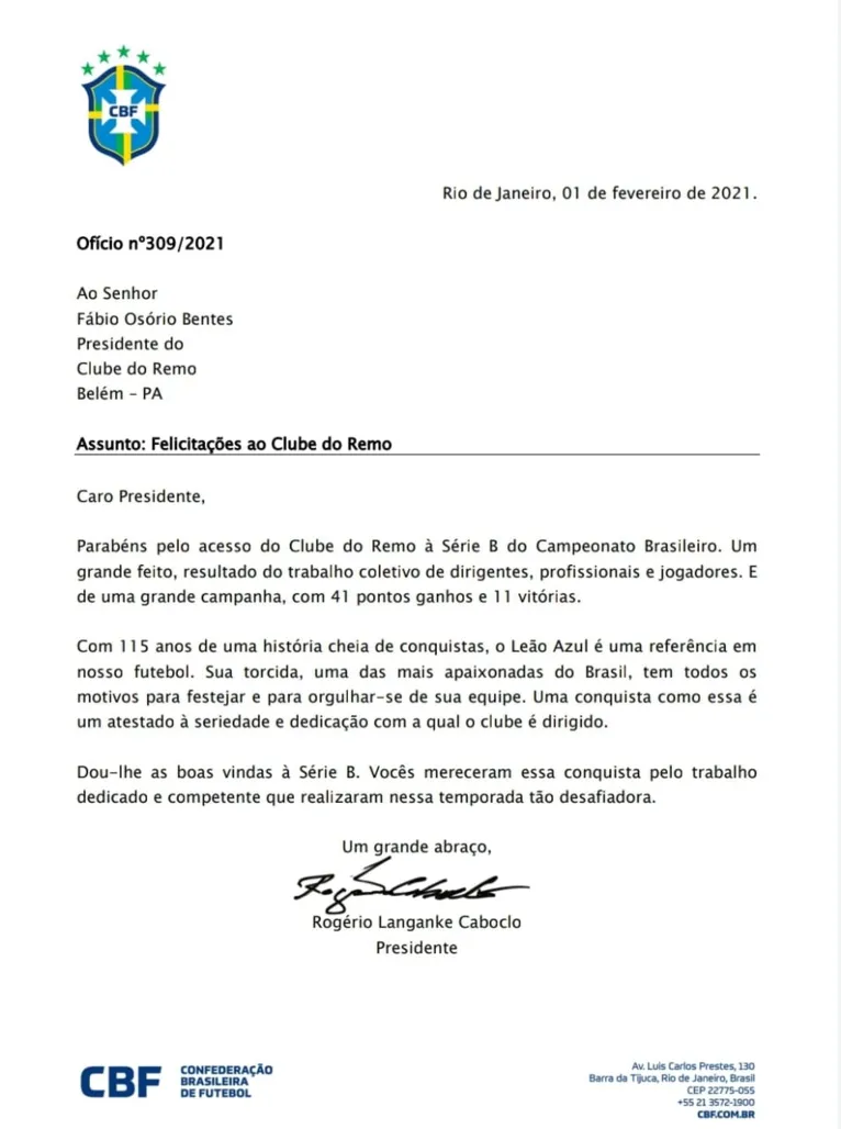 CBF parabeniza Clube do Remo pelo acesso à Série B: “vocês
merecem essa conquista"