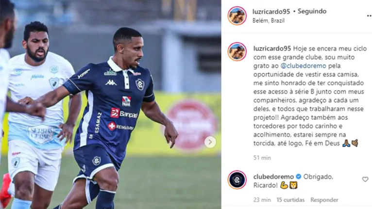 Lateral diz um 'até breve' ao Remo nas redes sociais 