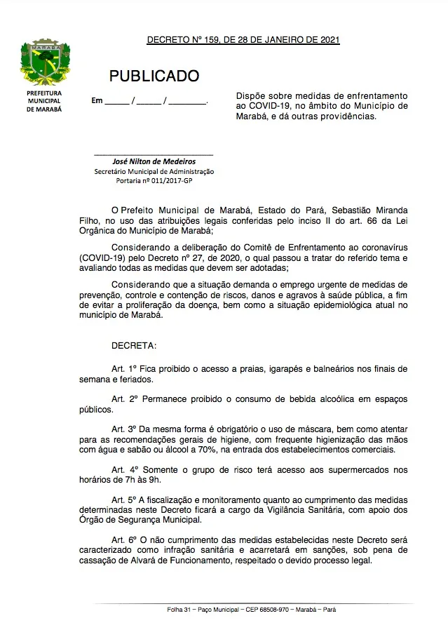 Marabá restringe acesso a praias e só grupo de risco poderá entrar nos supermercados no início da manhã