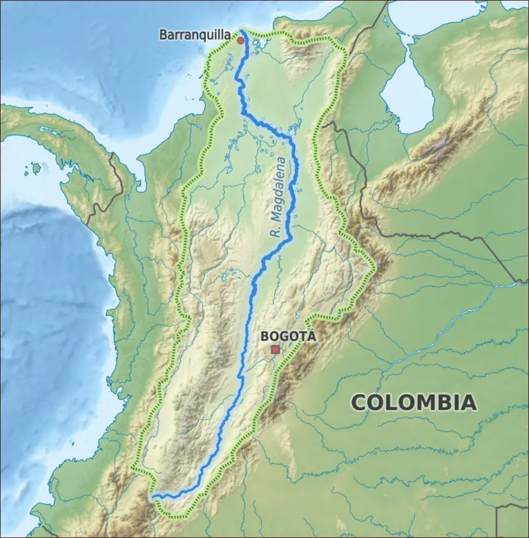 Como é possível perceber no mapa, o rio Magdalena está isolado pelas cordilheiras dos Andes