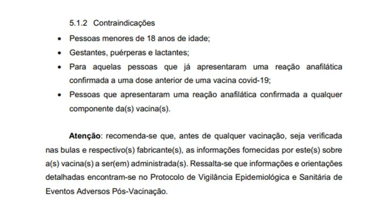 Trecho do documento de 35 páginas lista quem não pode receber o imunizante nesse primeiro momento.