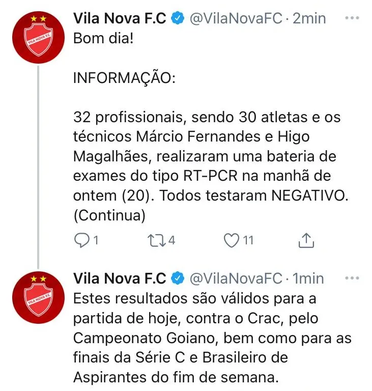 Sem casos de Covid-19, Vila Nova joga completo contra o Remo no próximo sábado