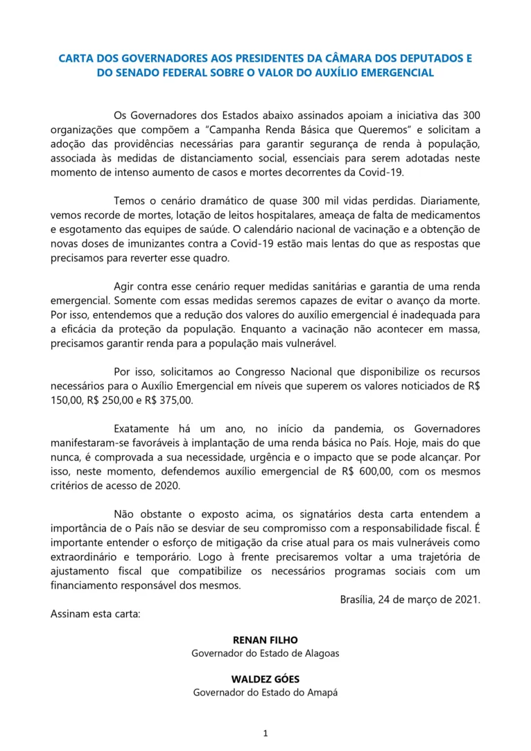 Governadores pedem auxílio emergencial de R$ 600