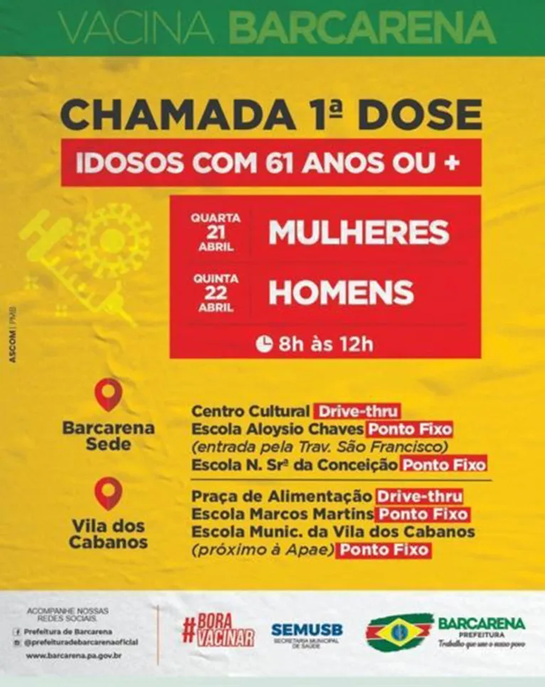 Barcarena divulga datas para 1ª dose de idosos de 61 anos