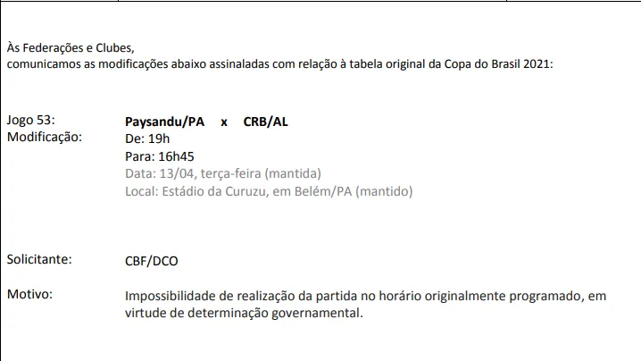 CBF altera horário de Paysandu x CRB pela Copa do Brasil