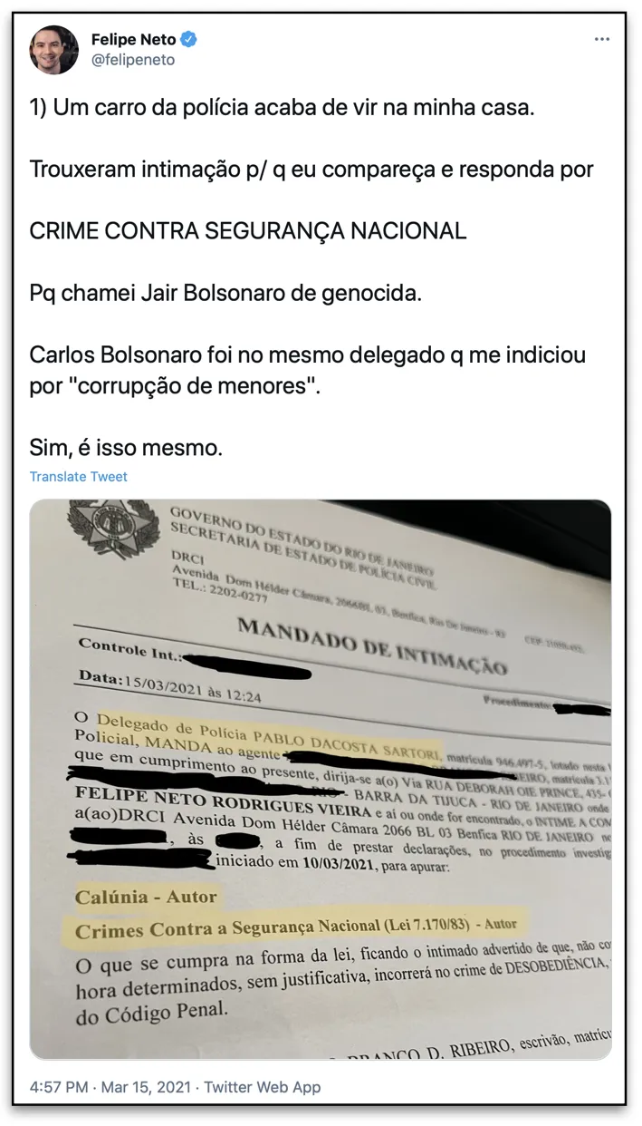 Felipe Neto é intimado pela polícia após chamar Bolsonaro de “genocida”