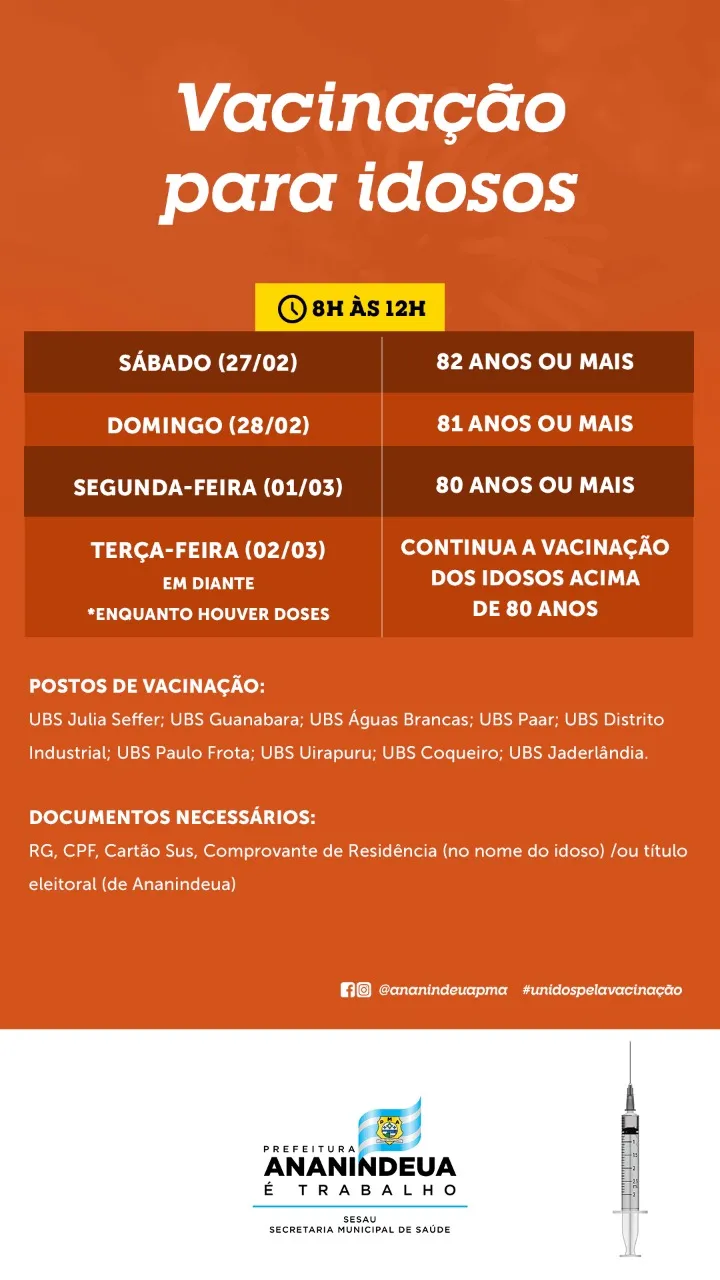Belém encerra aplicação da 2ª dose nos idosos de 85 anos e Ananindeua retoma imunização 