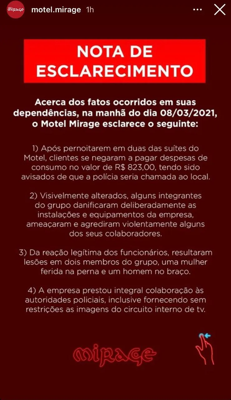 Motel Mirage dá versão sobre briga que acabou com mulher baleada em Belém