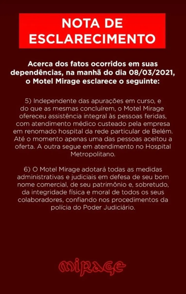 Motel Mirage dá versão sobre briga que acabou com mulher baleada em Belém
