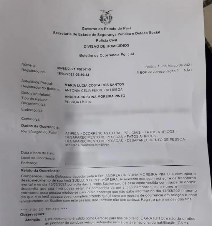 Mulher com transtornos mentais desaparece no bairro da Condor