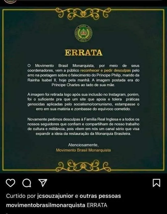 Monarquistas brasileiros lamentam morte com foto de Charles