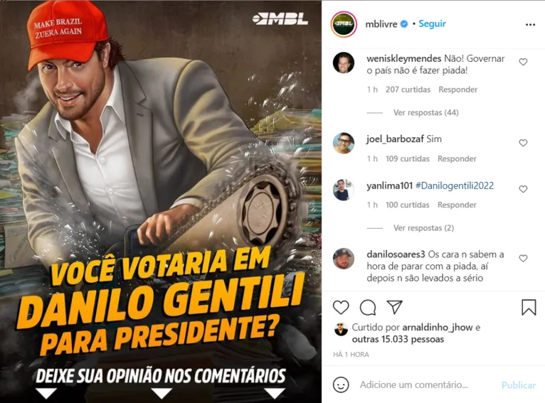 Nas redes sociais do MBL, a possível candidatura de Gentili dividiu opiniões