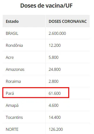Pará deve receber 61 mil novas doses de vacina contra a Covid-19