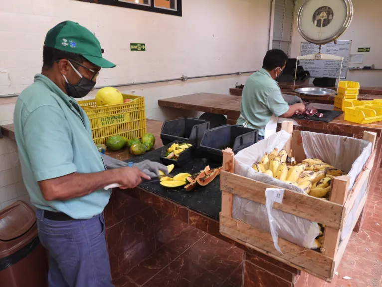 Os tratadores Raimundo Morais Mendes e o José Raimundo Brito Barros cortam e pesam frutas e carnes para dieta balanceada dos animais

