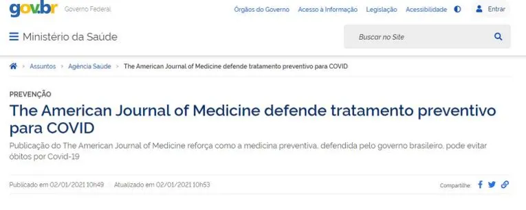 Postagem do Ministério da Saúde sobre 'tratamento precoce'.