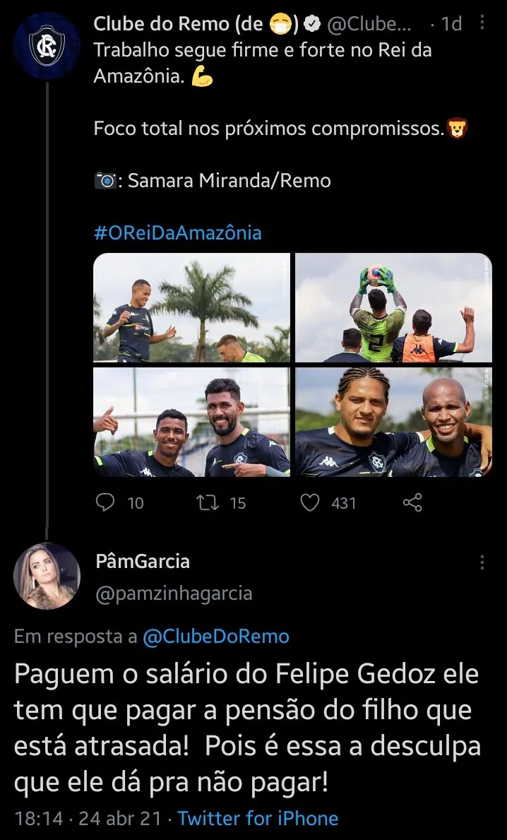 Moça cobrando o Remo para pagar o salário do jogador.