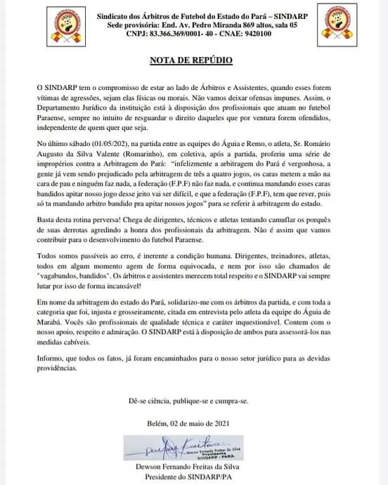 Nota de repúdio do Sindicado dos Árbitros de Futebol do Estado do Pará. 