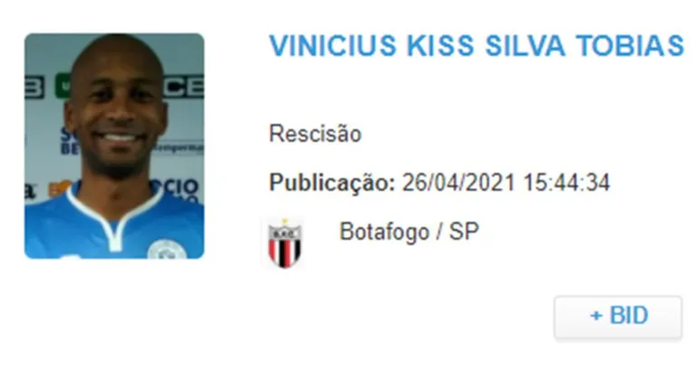 Meia Vinicius Kiss tem rescisão contratual no Botafogo-SP, publicada no BID.