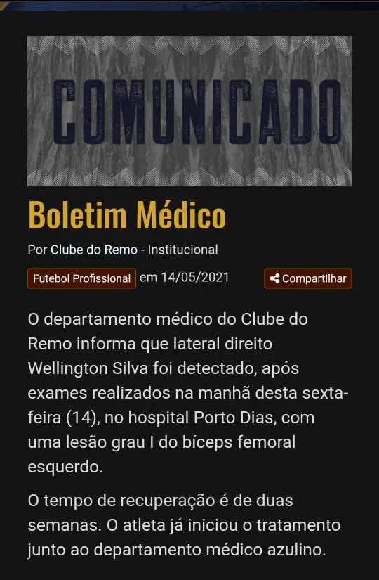 Boletim médico divulgado pelo Remo confirmando a lesão do lateral direito Welligton Silva.