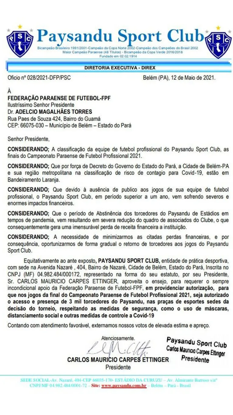 Ofício encaminhado pelo Paysandu para a FPF solicitando presença de 3 mil torcedores na Curuzu.