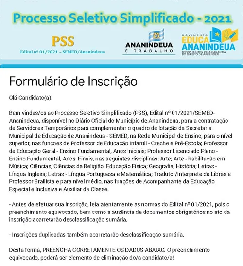 Candidato deverá preencher as informações no formulário disponibilizado pela Prefeitura de Ananindeua
