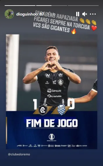 Storie em que o atleta menciona a torcida pelos jogadores do Clube do Remo.