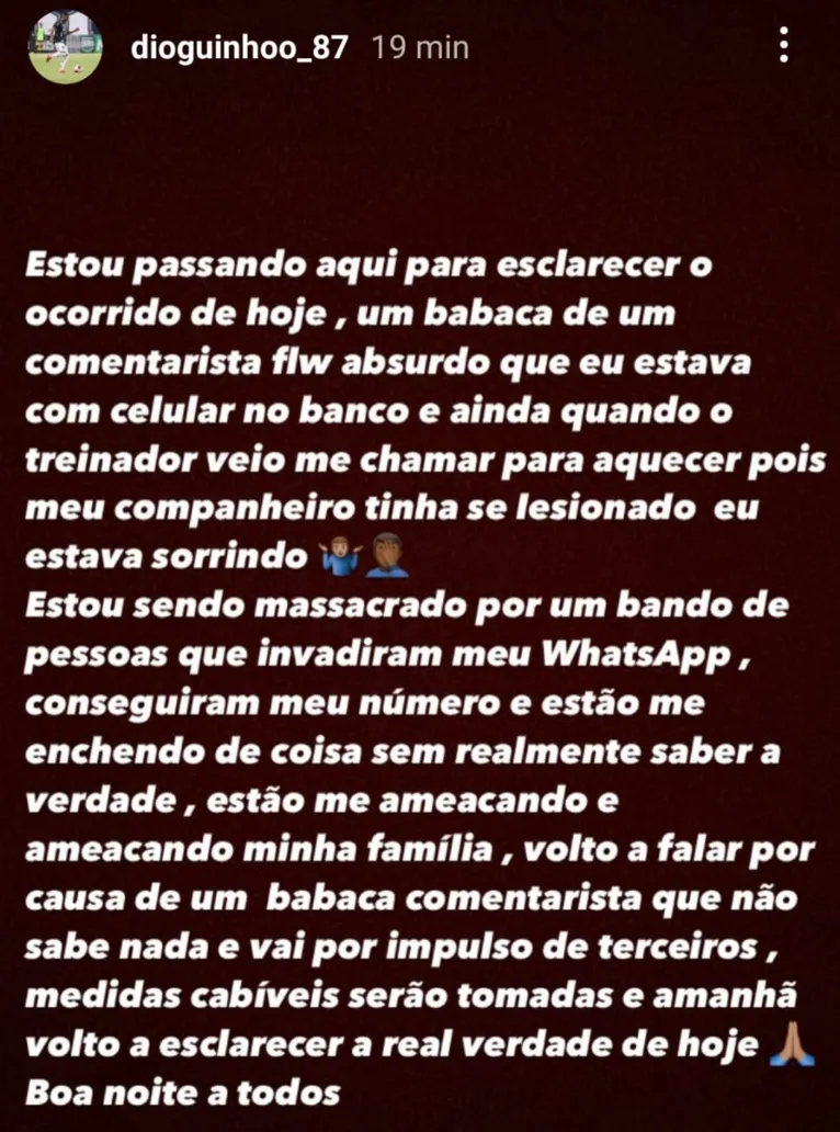 Atleta se pronunciou através de seu perfil no insta.