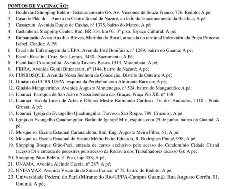 Locais de vacinação nesta terça (29)