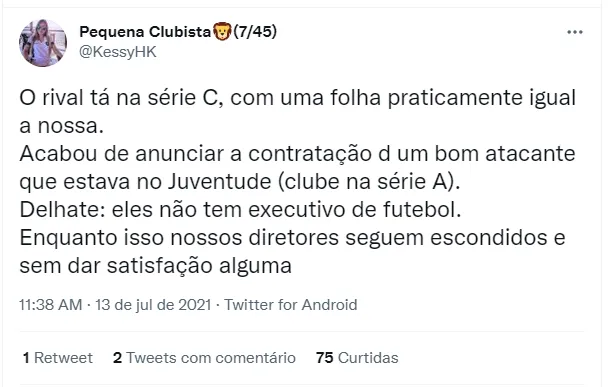 Torcedora enfatizou a contratação de Rafael Grampola e criticou silêncio azulino.