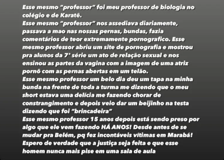 Post nos stories da vítima relata que outros abusos podem ter sido cometidos pelo professor Adalberto em ambiente escolar.