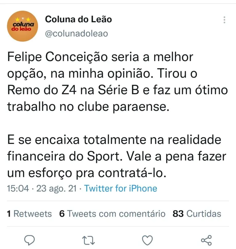 Clube da Série A quer tirar Felipe Conceição do Remo