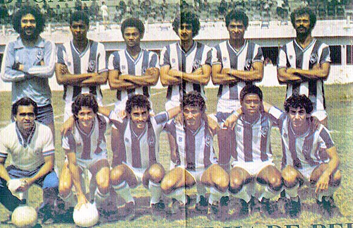 Paysandu bicampeão de 80/81. Em pé: Sérgio Gomes, Sabará, Aldo, Ângelo, Ademilton e Luís Augusto. Agachados: Evandro, Roque, Chico Spina, Edésio e Márcio Fernandes