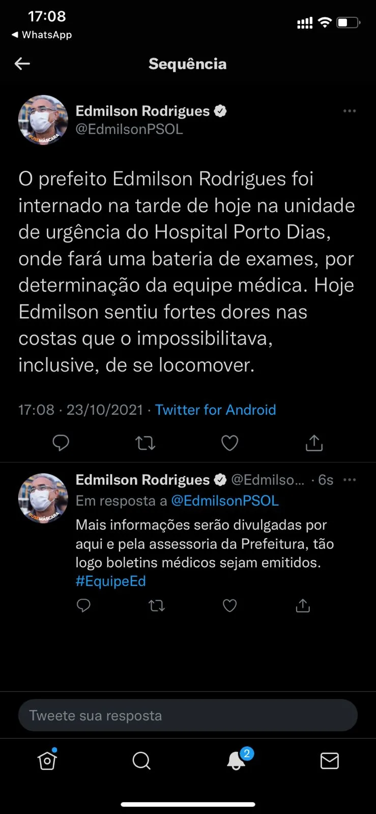 Prefeito Edmilson Rodrigues é internado às pressas em Belém