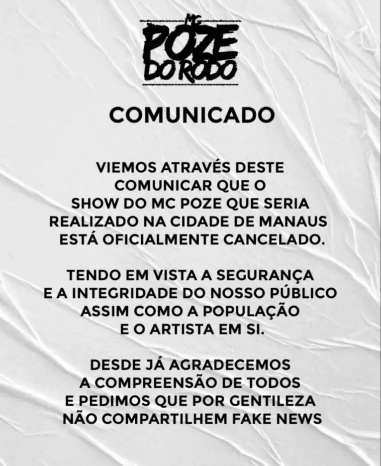 Show de MC Poze é cancelado após ameaça de morte por facção