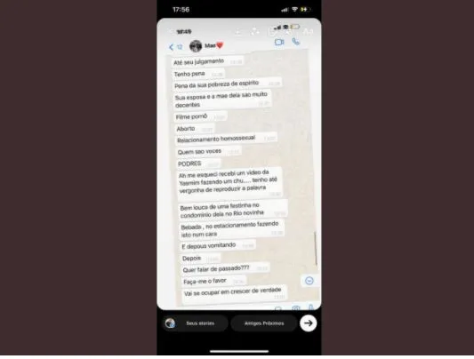 Print de tele do WhatsApp, com mensagens atribuídas a Simone Medina, publicado pelo site Metrópoles