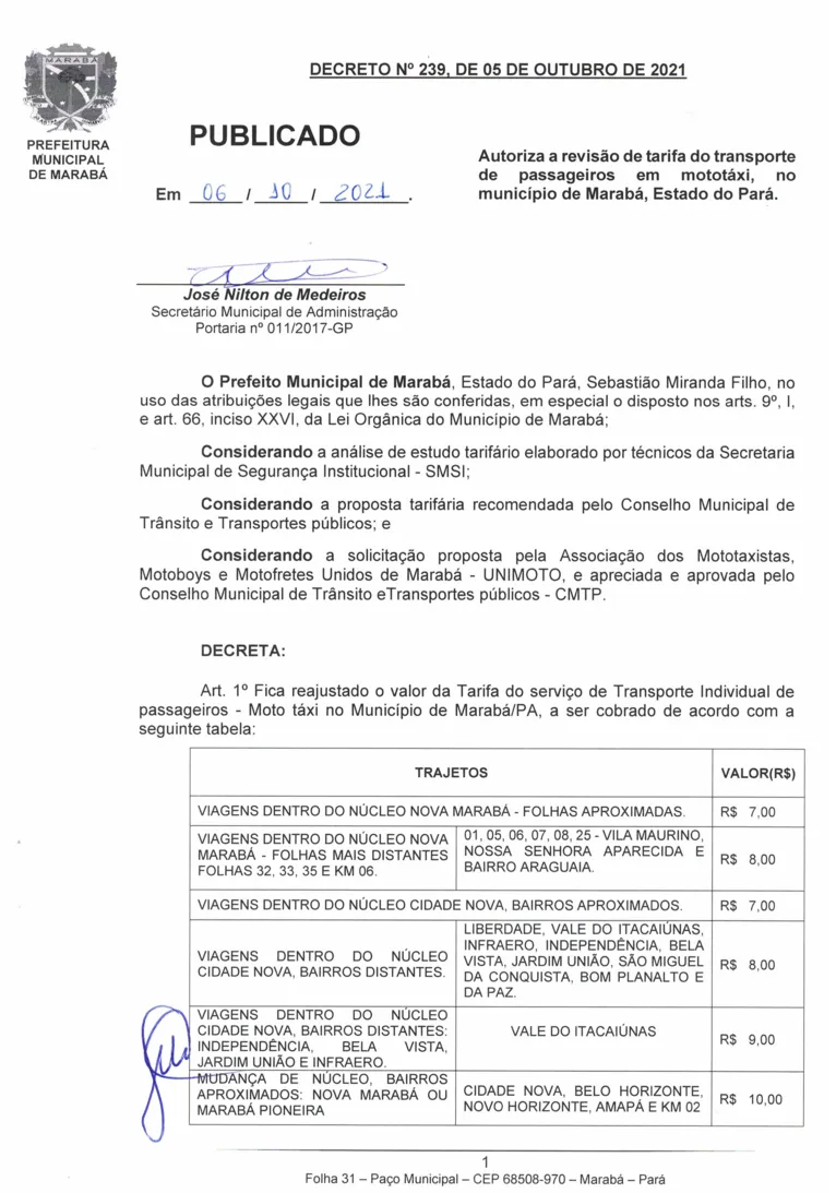 Tarifa do Moto Táxi é reajustada e valores chegam a R$ 26 