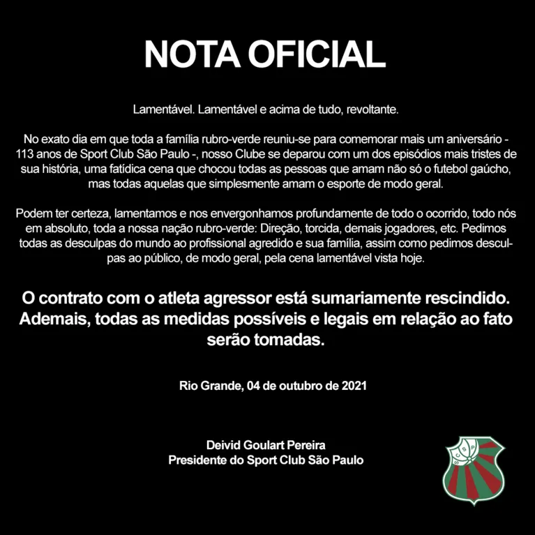 Nota oficial publicada pelo clube no Twitter