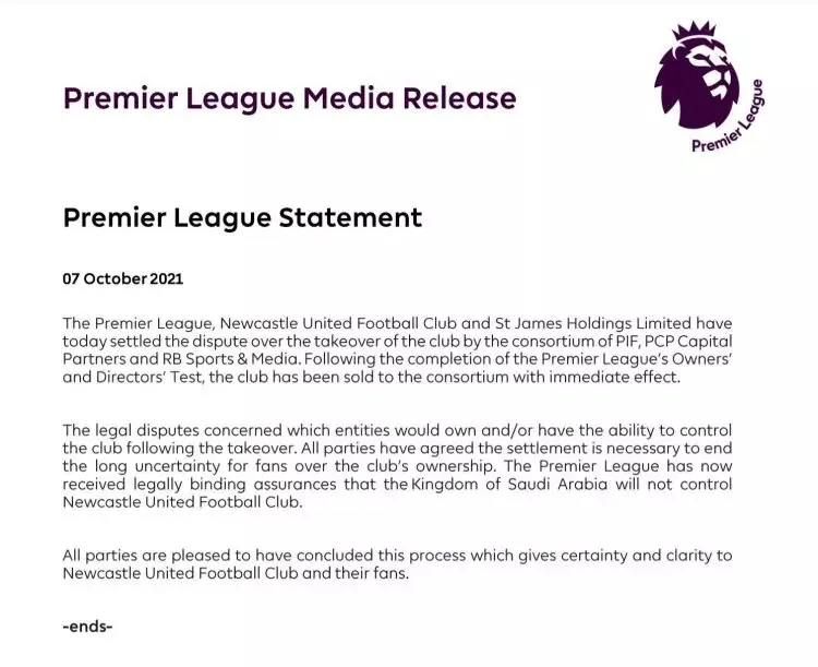 Confira na íntegra o comunicado oficial da Premier League:

